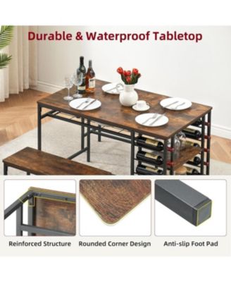 4-Piece Dining Table Set with 2 Benches, Wine Rack & Storage Shelf, Kitchen Dining Room Table for Small Spaces