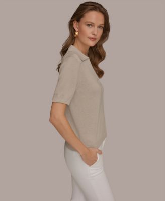 Women's Cotton Cashmere Polo Sweater with Elbow Sleeve