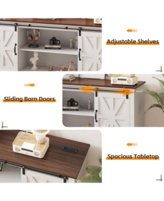 66" Wood Power-Outlet Sliding-Barn-Door Adjustable-Shelf Sideboard Buffet Cabinet
