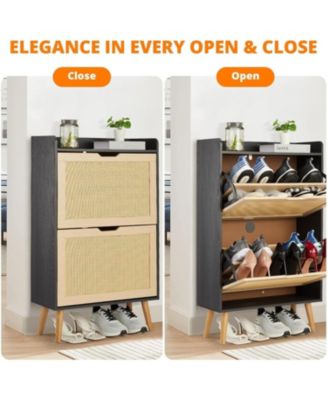 Slim Rattan 2 Drawer Anti Tip Hidden Shoe Storage Cabinet