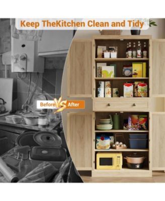 72" Wooden Tall Pantry Cabinet, Kitchen Pantry Storage Cabinets with 4 Door & 4 Adjustable Shelves and a Drawer, Farmhouse Pantry Storage