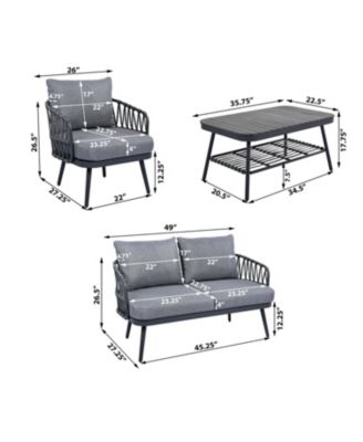 4 Piece Outdoor Patio Conversation Set with Metal Rope Backrest Chairs Coffee Table Thick Cushions  for Garden Poolside