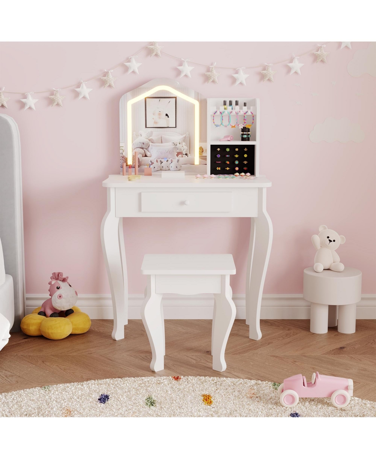 gaomon Kids Vanity with Lighted Mirror, Little Girl Vanity and Stool, Toddler Makeup Table Set and Makeup Playset for 3-8 Girls