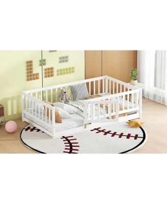 Twin Size Montessori Floor Bed with Fence and Door