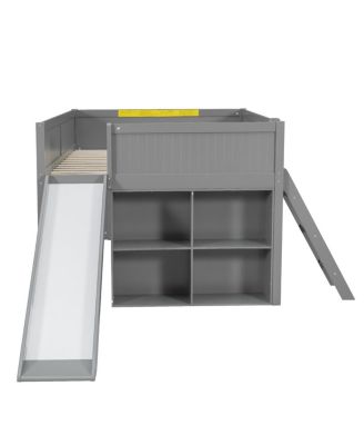 Full Size Wooden Low Loft Bed with Storage, Slide, Door, Window