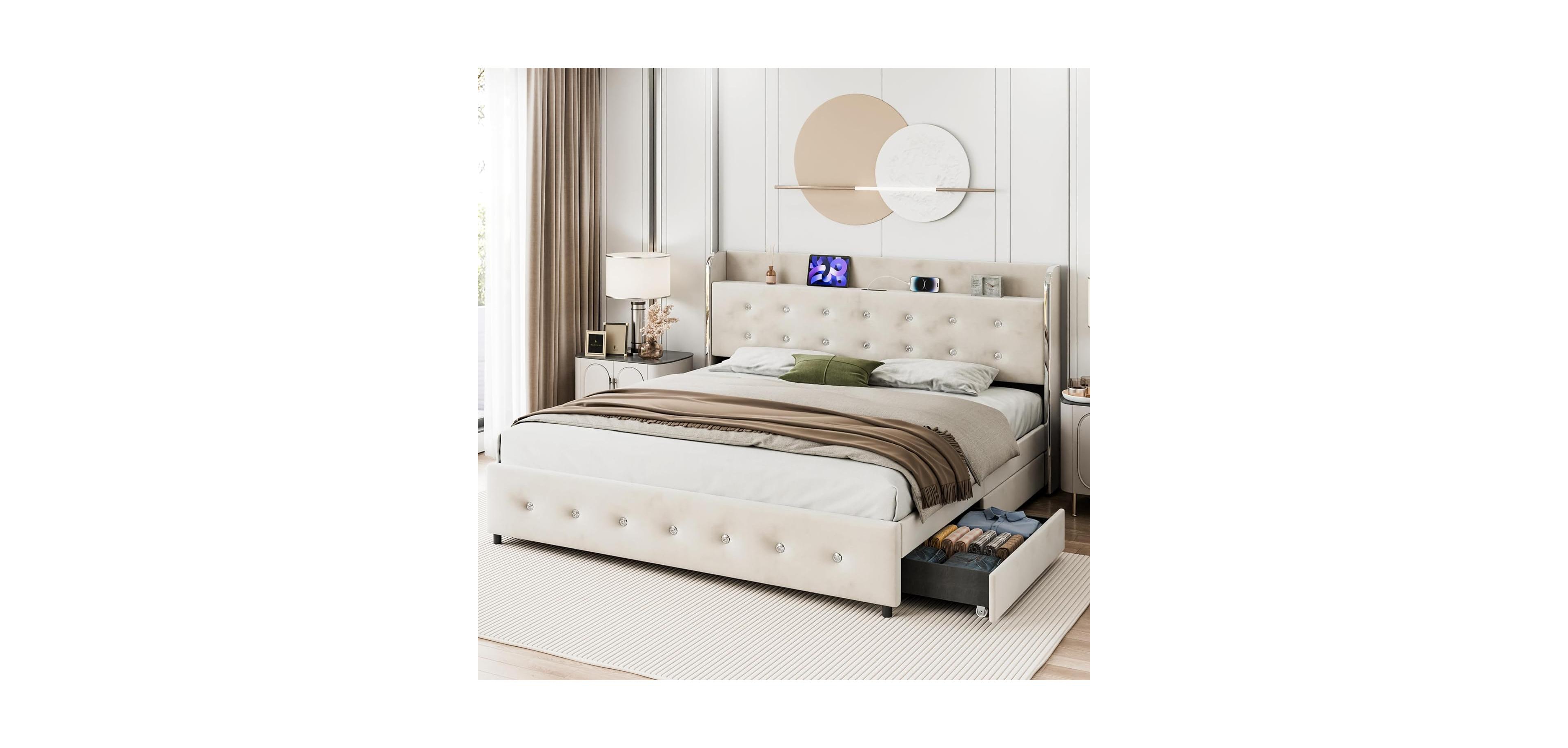 gaomon Queen Size Bed Frame, Upholstered Bed Frame with 4 Storage Drawers, Platform Bed Frame with Diamond Tufted Headboard, Wood Slat Support
