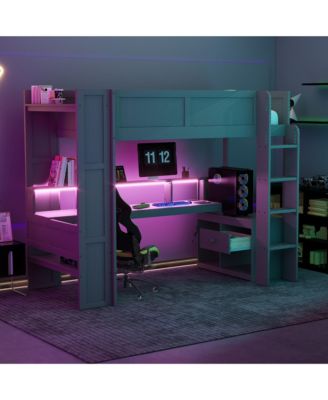 Twin Size Gaming Loft Bed Built In Desk Charging Station Storage Shelves LED Lighting Space Saving Kids Teens Furniture