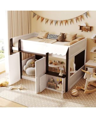 Full Loft House Bed with Playhouse & Storage, Modern Wood Cabin Bed for Kids/Teens