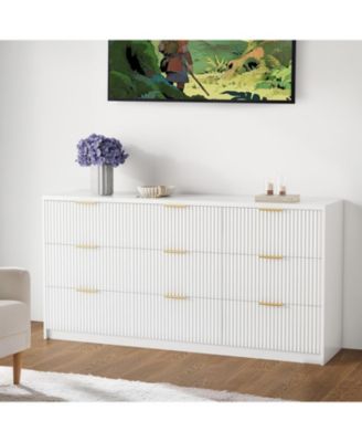 9 Drawer Dresser for Bedroom, 55" Wide Fluted Dresser with Smooth Slides, Modern Chest of Drawers with Golden Handles for Bedroom, Closet