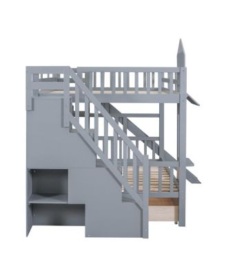 Full-Over-Full Castle Bunk Bed w/ Drawers, Shelves & Slide