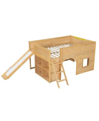 Streamdale Full Size Wooden Low Loft Bed with Storage, Slide, Door & Window