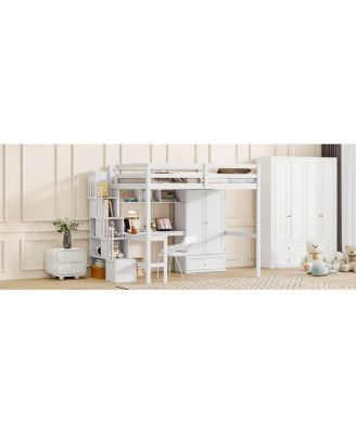  Full Size Loft Wood Bed with Desk, Shelves, Wardrobe, Staircase