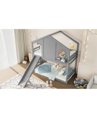 Twin House Bunk Bed with Slide & Storage Shelves, Solid Wood Loft Bed