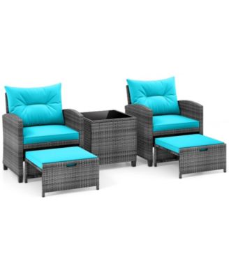 5 Piece Patio Rattan Furniture w/ 2 Ottomans & Tempered Glass Coffee Table Outdoor