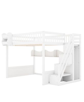 Queen Size Wooden Loft Bed with Staircase, Wardrobe & Storage