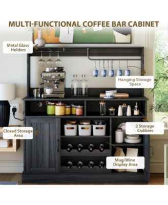 47" Farmhouse Coffee Bar Cabinet with Charging Station & Wine Racks Rustic Wood Kitchen Buffet Cabinet Wine Bar Table for Dining & Living Room