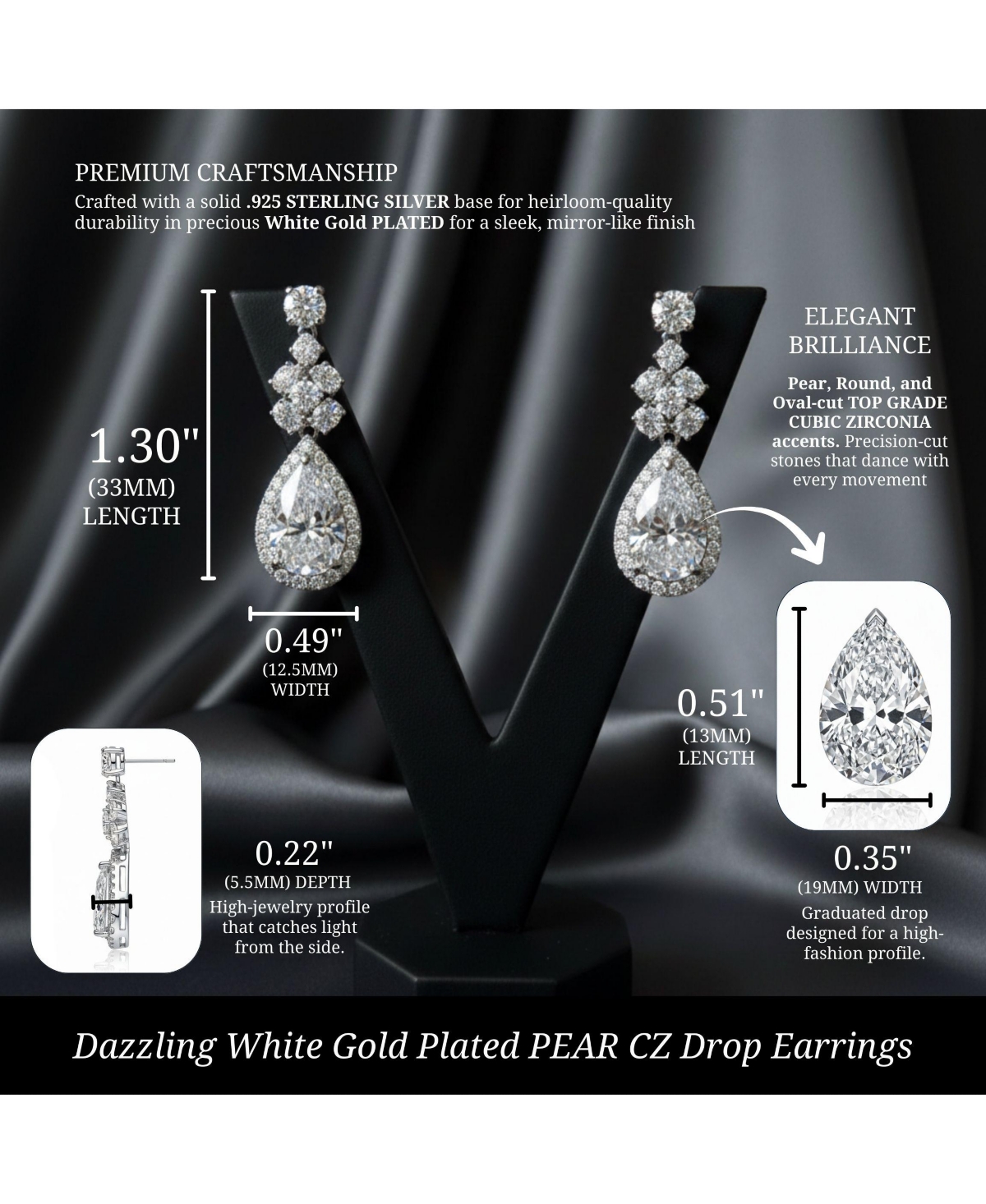 Genevive Elegant Sterling Silver White Gold-Plated Clear Cubic Zirconia Drop Earrings