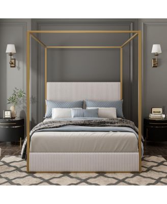 Modern Luxury Metal Canopy Bed with Corduroy Headboard