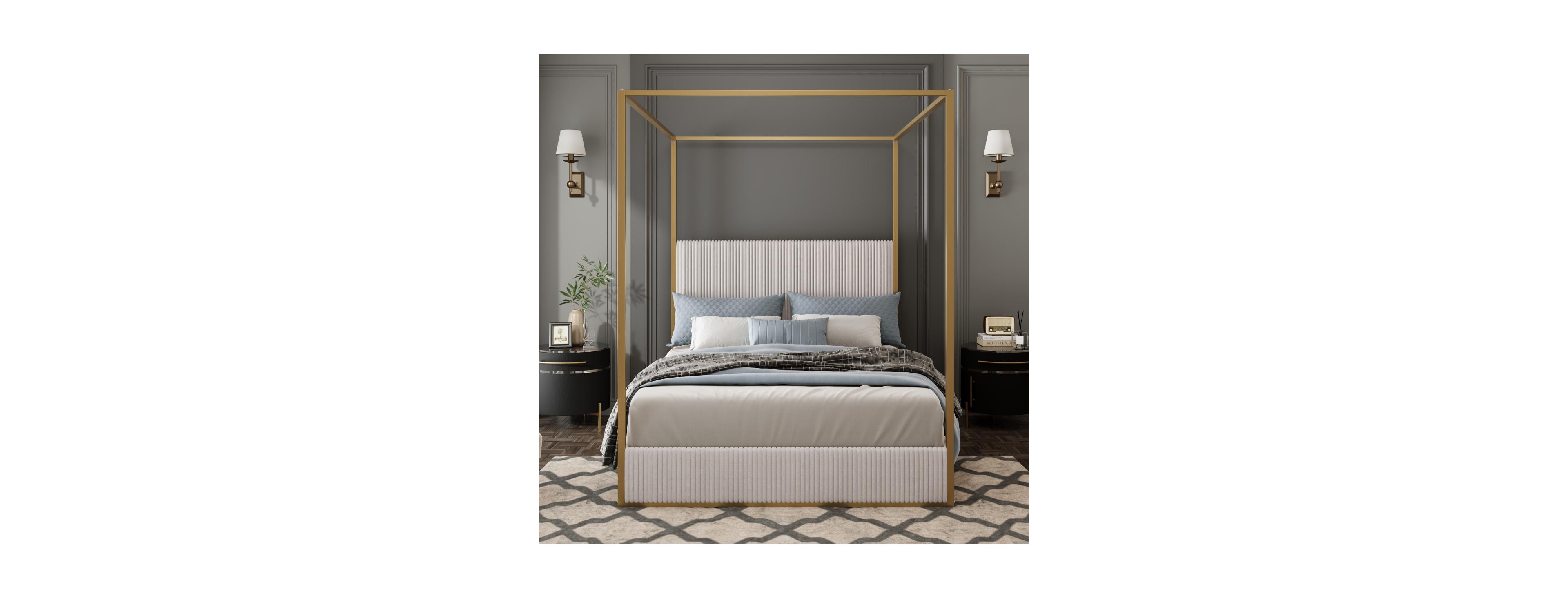 Streamdale Furniture Modern Luxury Metal Canopy Bed with Corduroy Headboard