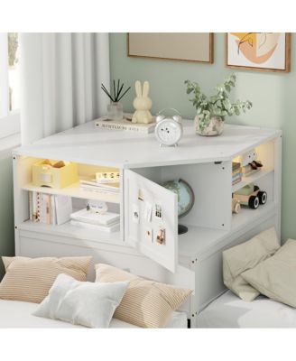 L-Shaped Twin Bed Frame w/ Trundle, Drawer, Desk & LED