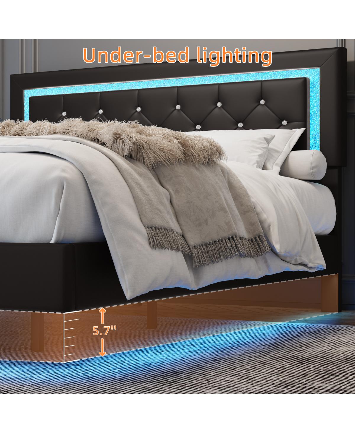 Streamdale Furniture Bed Frame with Headboard, Led Lights, Upholstered Platform Bed