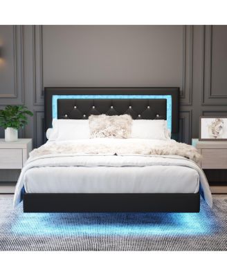 Bed Frame with Headboard, LED Lights, Upholstered Platform Bed