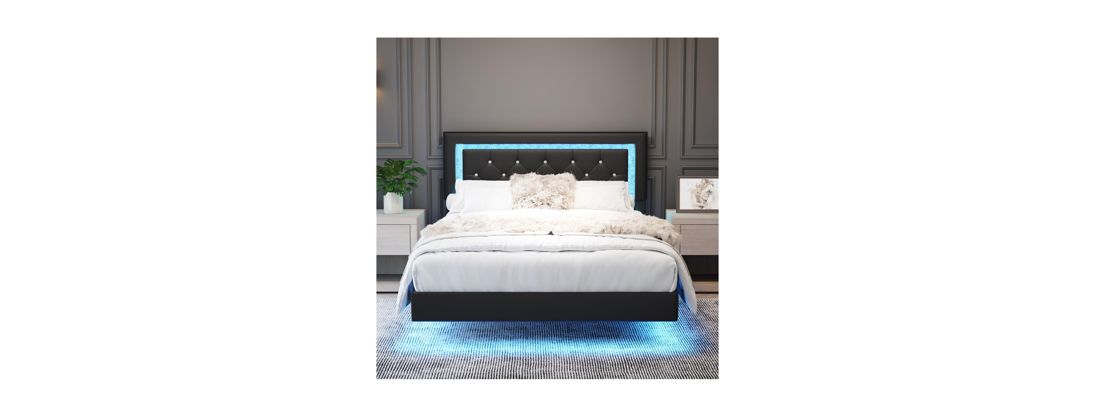 Streamdale Furniture Bed Frame with Headboard, Led Lights, Upholstered Platform Bed