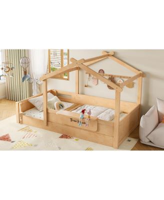 Streamdale Twin Size House Floor Bed with Guardrails, Roof, Tray & Signboard