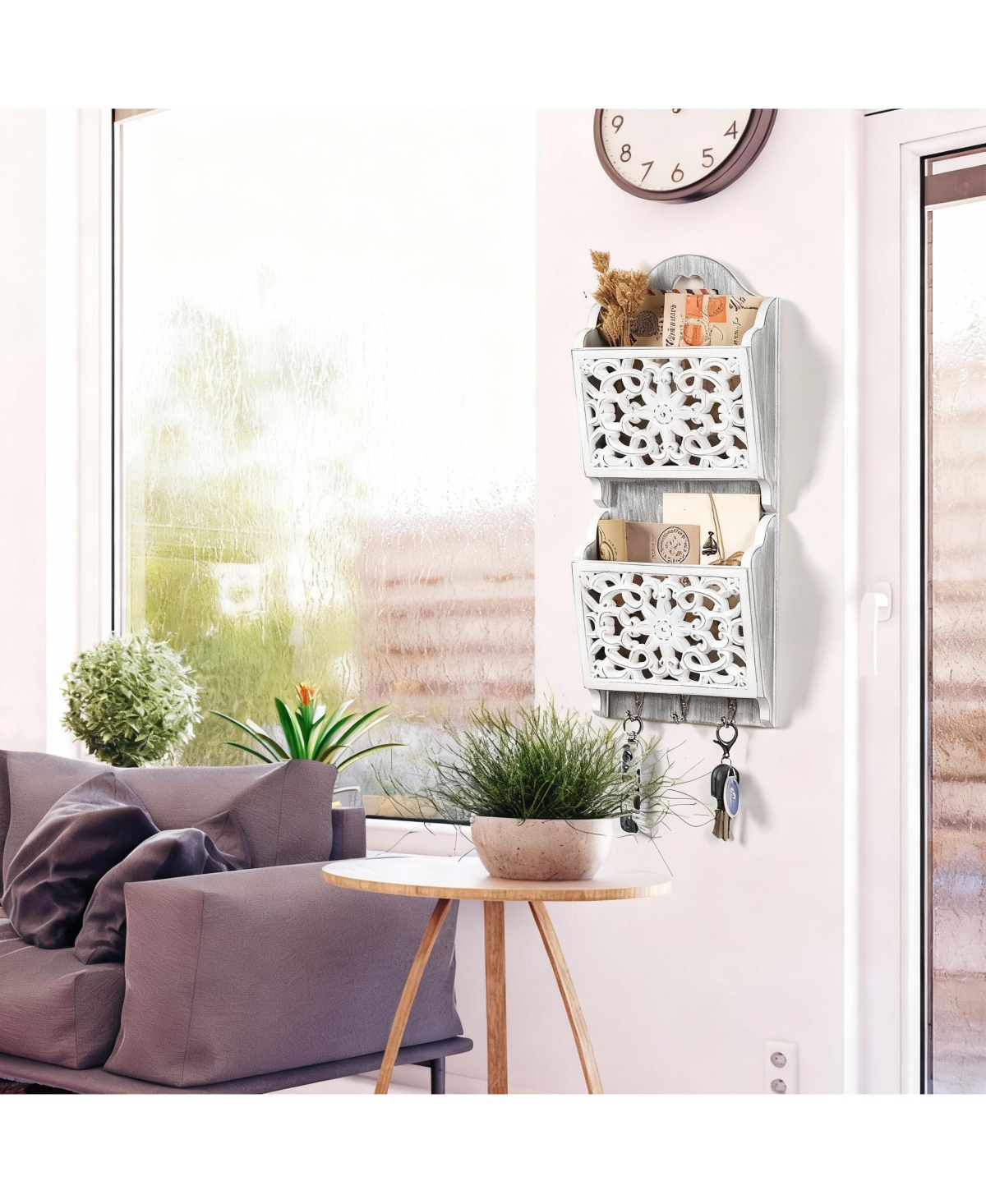 Wooden Mail Rack with 2 Slots & 3 Hooks for Keys and Accessories