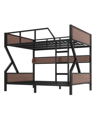 Queen over Queen Bunk Bed with Storage Shelves and Lights