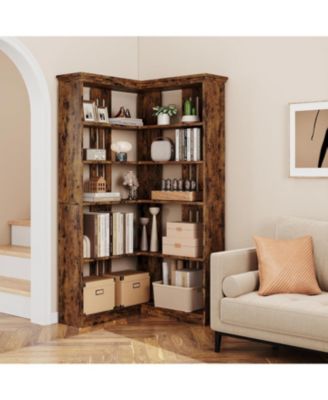 72" L-Shaped Corner Bookshelf – 5-Tier Wood Bookcase with Anti-Tip Design, Rustic Freestanding Storage Shelf for Living Room or Office