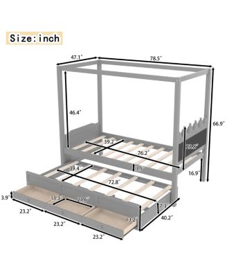 Twin Platform Bed with Upholstered Headboard, Trundle, 3 Drawers & Canopy