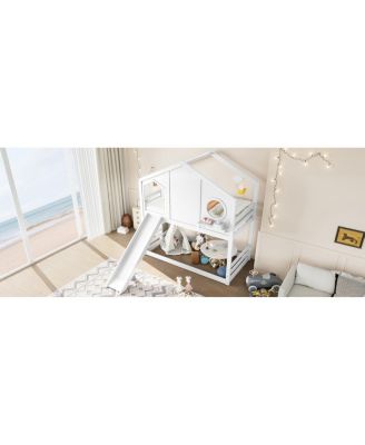 Twin House Bunk Bed with Slide & Storage Shelves, Solid Wood Loft Bed
