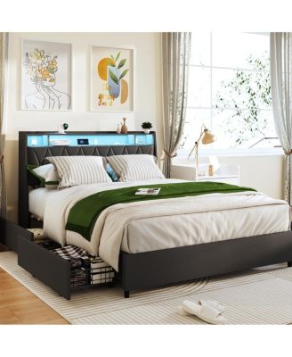  Bed Frame with Ergonomic Headboard, Outlets, LED Light & Shelf