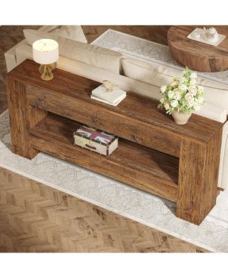 63-Inch Solid Wood Console Table, Farmhouse Entryway Table with 2-Tier Storage Shelf, Rustic Wood Narrow Long Sofa Table Behind Couch