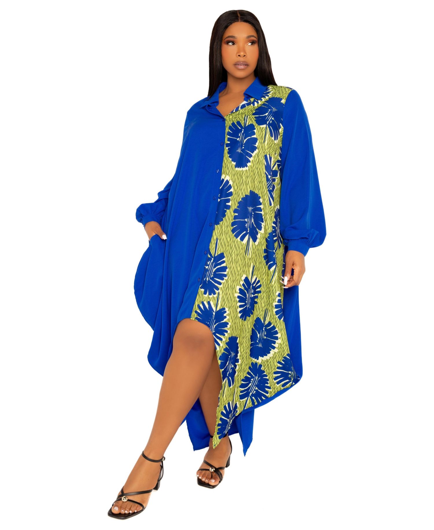 Women's Plus Size Contrast Print Drapy Shirt Maxi Dress