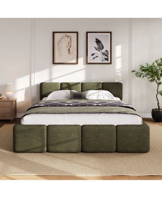Boucle Platform Bed with Thick Headboard and Footboard