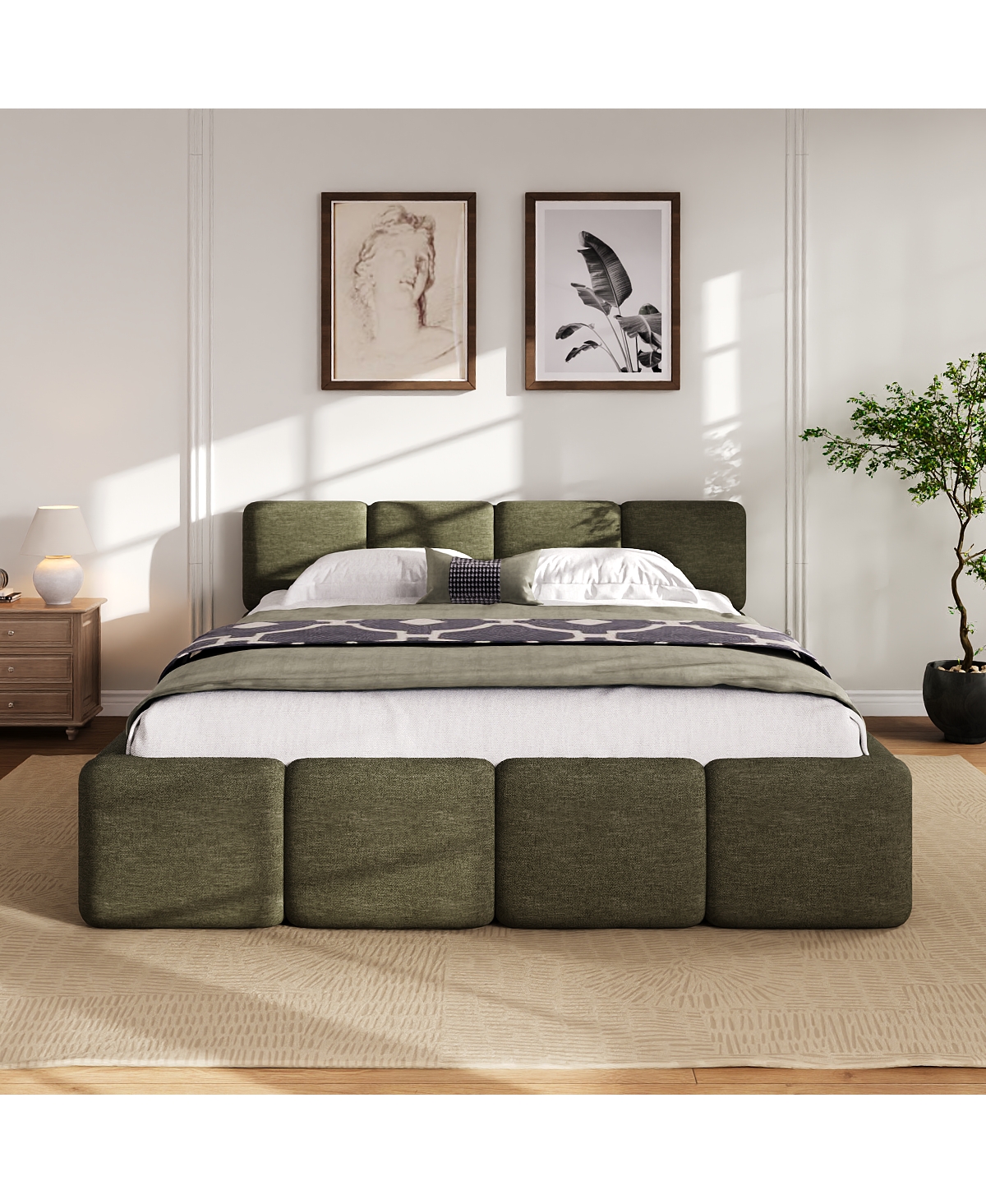 Streamdale Furniture Boucle Platform Bed with Thick Headboard and Footboard