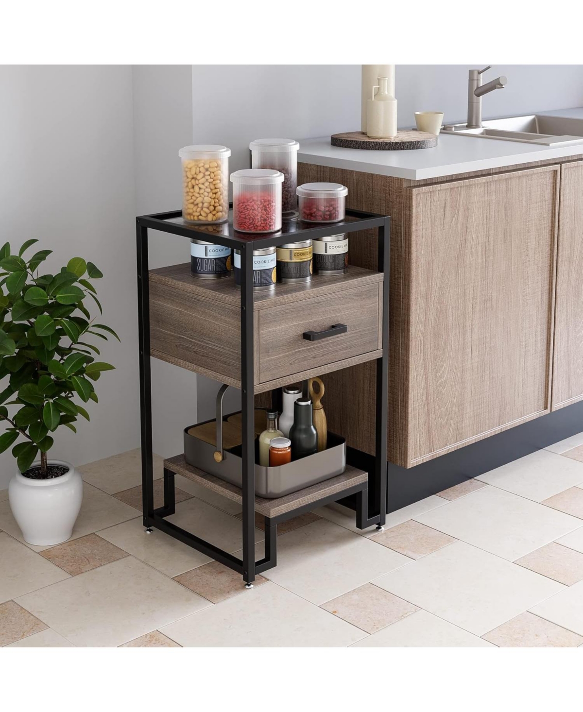gaomon Nightstand, End Table with Storage Drawer and 3-Tier Storage & Tempered Glass Top, Bedside Furniture with Steel Frame, Easy Assembly