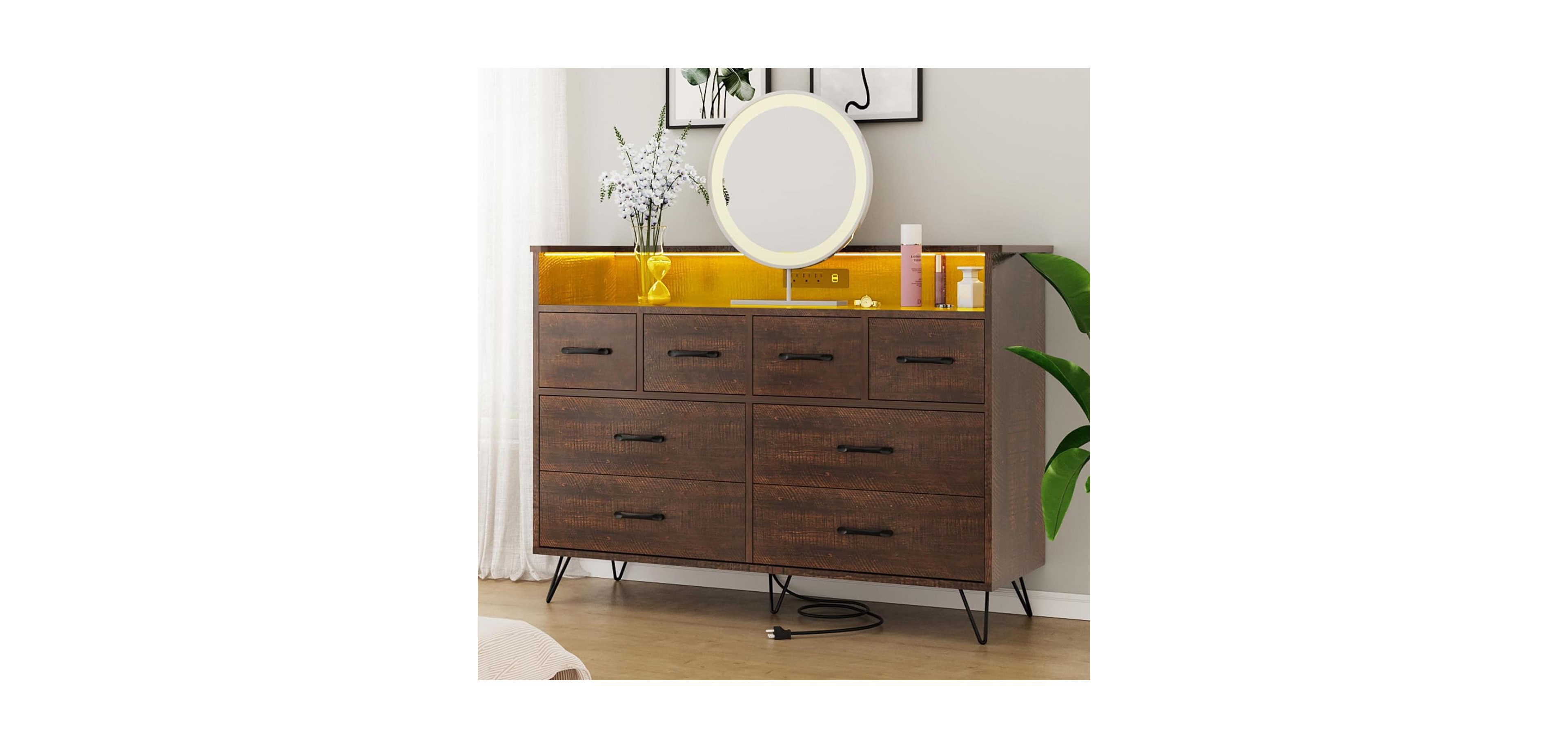 gaomon 8 Drawer Bedroom Dresser with Led Lights & Charging Station, Vintage Wide Chest
