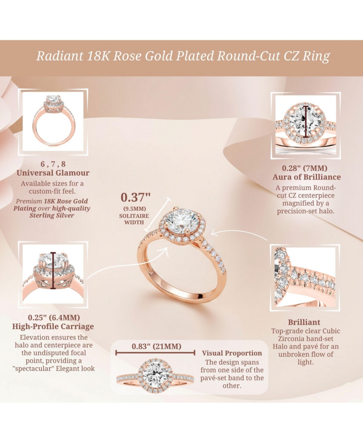 Sterling Silver 18K Rose Gold Plated Round-cut Cubic Zirconia Ring