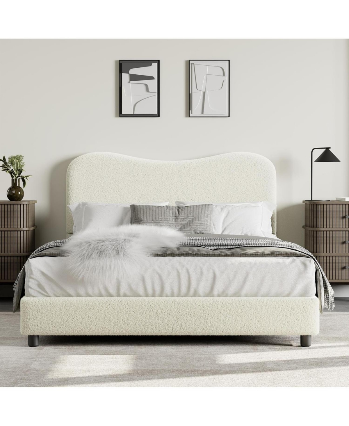 gaomon Bed Frame with Upholstered Headboard, Soft Low Profile Sturdy Platform Rounded Corners Design, Wooden Slats