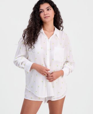 Women's Lemon Embroidered Long-Sleeve Swim Cover-Up Shirt