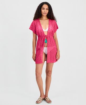 Women's Crochet Tassel Short-Sleeve Swim Cover-Up Kimono