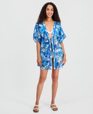 Women's Printed Short-Sleeve Swim Cover-Up Kimono