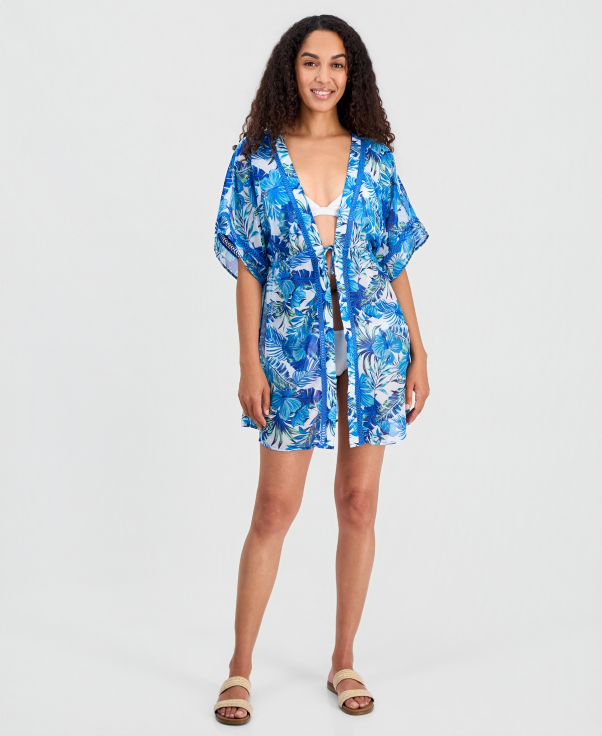 Miken Women's Printed Short-Sleeve Swim Cover Up Kimono, Macy's Exclusive - White/blue Radiance
