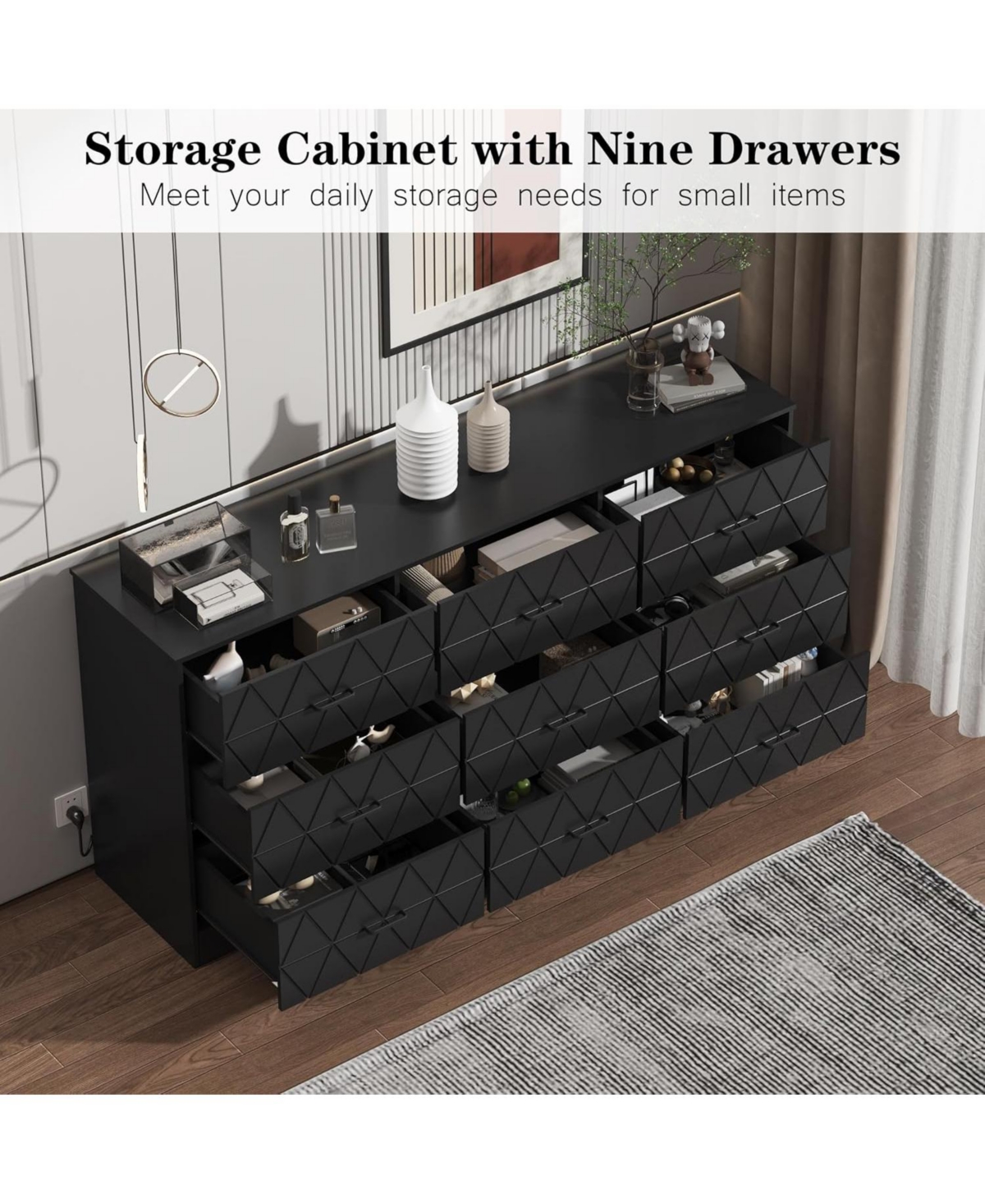 Gaomon 9 Drawer Dresser, 63 in Dresser for Bedroom with Power Outlet, Modern Drawer for Hallway, Living Room