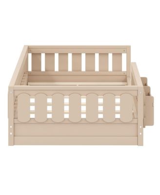  Wood Twin Platform Bed with Guardrail & Storage Shelves