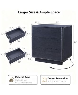 Modern Nightstand with 3 Drawers & Charging Station