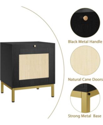 Rattan Night Stand, Modern Farmhouse Pattern Side Table, End Table with Tray, Sofa Table with Storage Shelf for Bedroom, Living Room